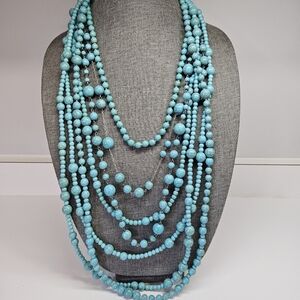 VINTAGE Glass Faux Turquoise Multi-Strand Beaded Statement 40" Necklace Boho